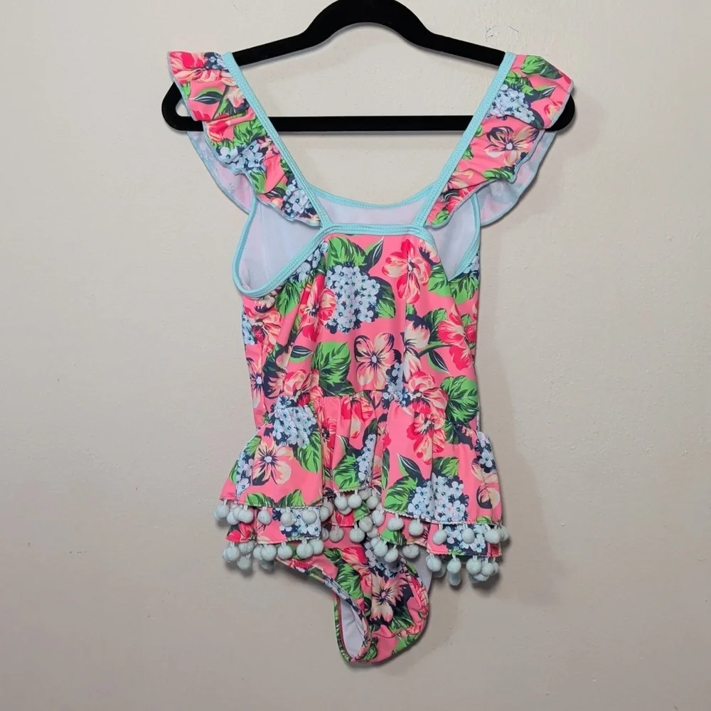 Betsey Johnson One-Piece Swimsuit Pink Blue Floral Ruffle Pom-Pom Trim Size M 10